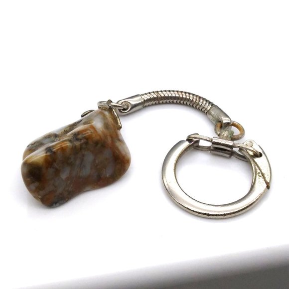 Vintage Polished Stone Keychain, Brown Tumbled Natural Rock with Silver Tone - Picture 1 of 3
